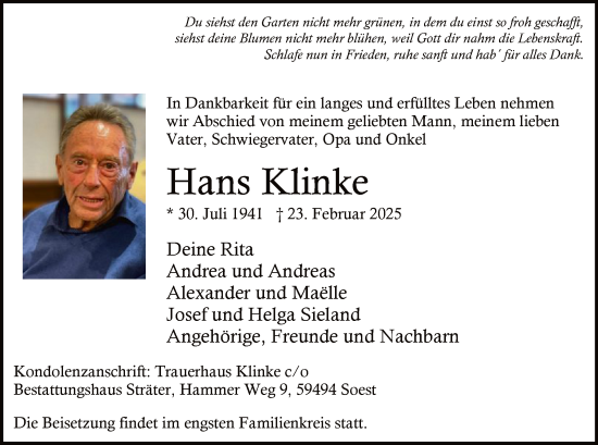 Traueranzeige von Hans Klinke von WA