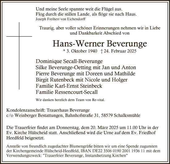 Traueranzeige von Hans-Werner Beverunge von WA