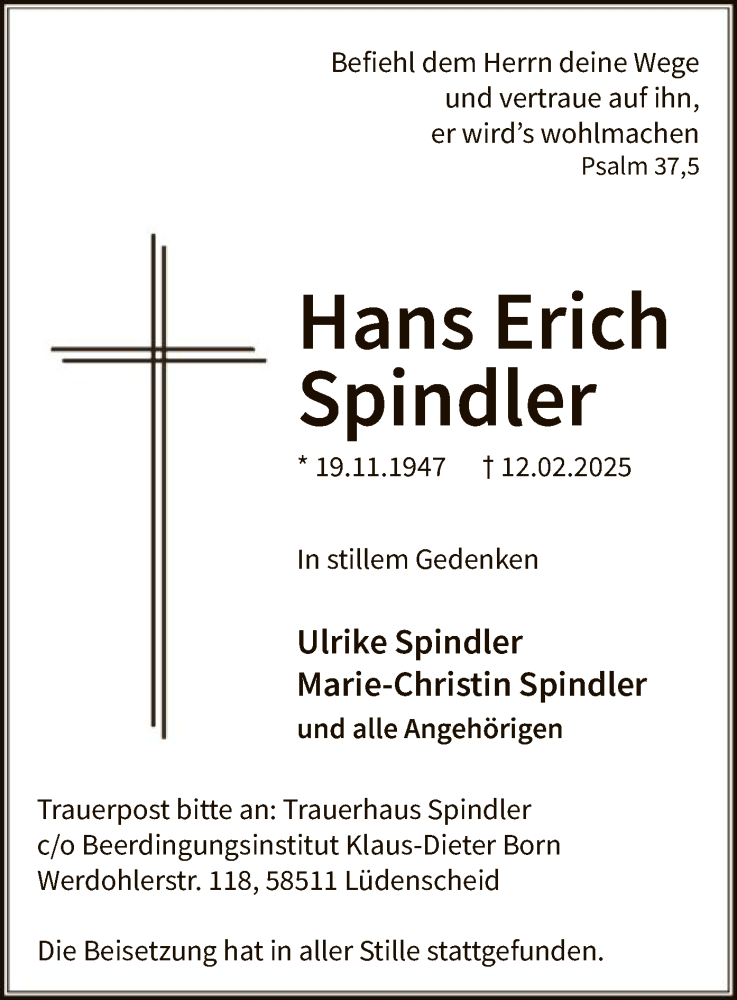  Traueranzeige für Hans Erich Spindler vom 01.03.2025 aus WA