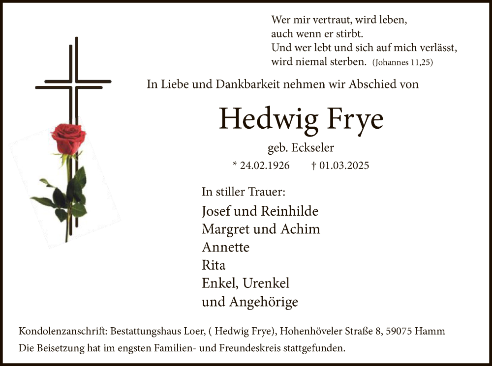  Traueranzeige für Hedwig Frye vom 15.03.2025 aus WA