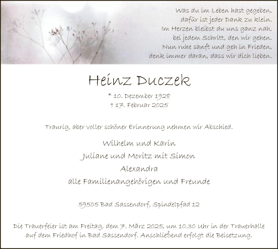 Traueranzeige von Heinz Duczek von WA