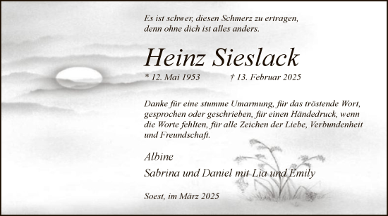 Traueranzeige von Heinz Sieslack von WA