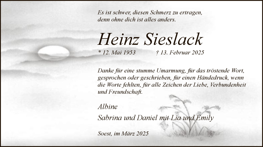  Traueranzeige für Heinz Sieslack vom 29.03.2025 aus WA