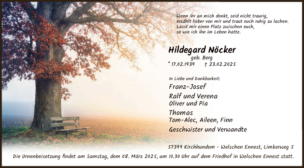  Traueranzeige für Hildegard Nöcker vom 08.03.2025 aus WA
