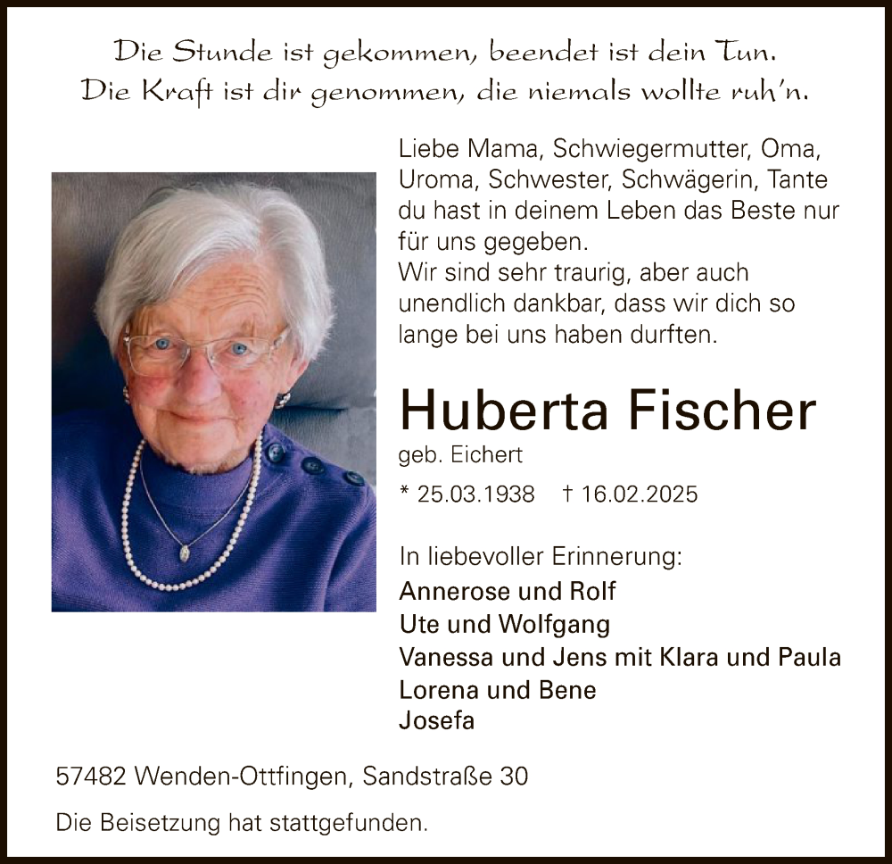  Traueranzeige für Huberta Fischer vom 01.03.2025 aus WA