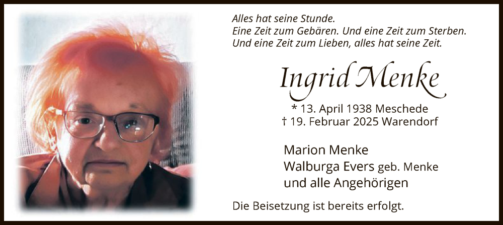  Traueranzeige für Ingrid Menke vom 08.03.2025 aus WA