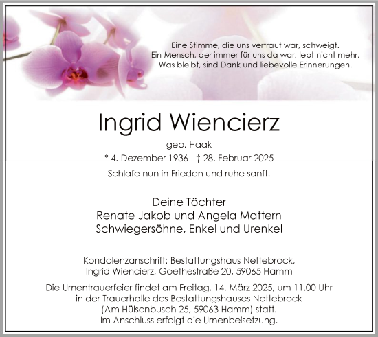 Traueranzeige von Ingrid Wiencierz von WA