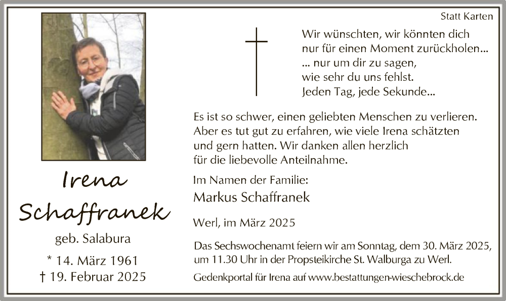  Traueranzeige für Irena Schaffranek vom 15.03.2025 aus WA