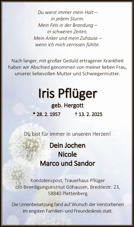 Traueranzeige von Iris Pflüger von WA
