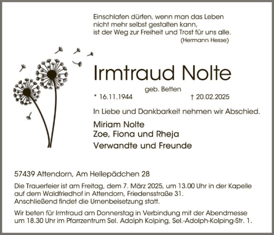 Traueranzeige von Irmtraud Nolte von WA