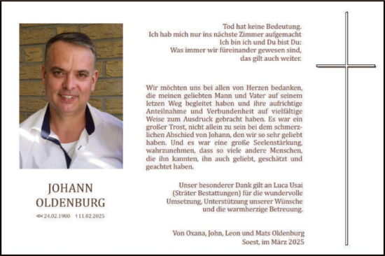 Traueranzeige von Johann Oldenburg von WA