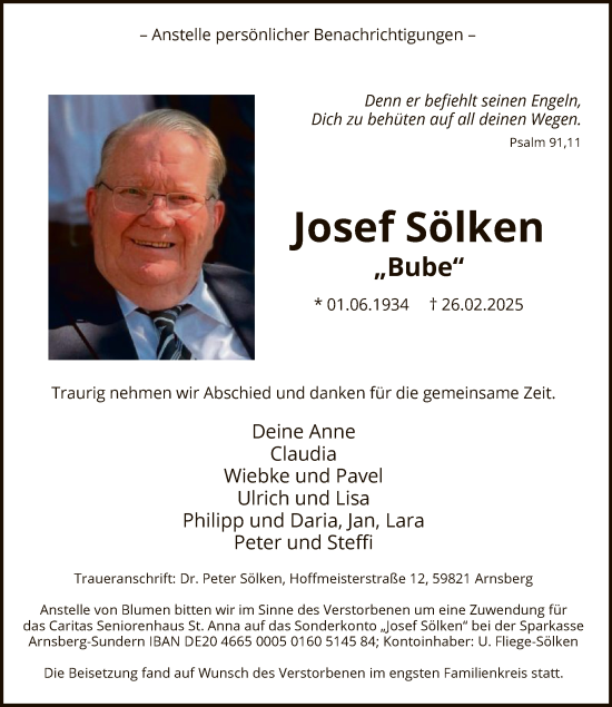 Traueranzeige von Josef Sölken von WA