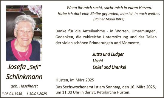 Traueranzeige von Josefa Schlinkmann von WA
