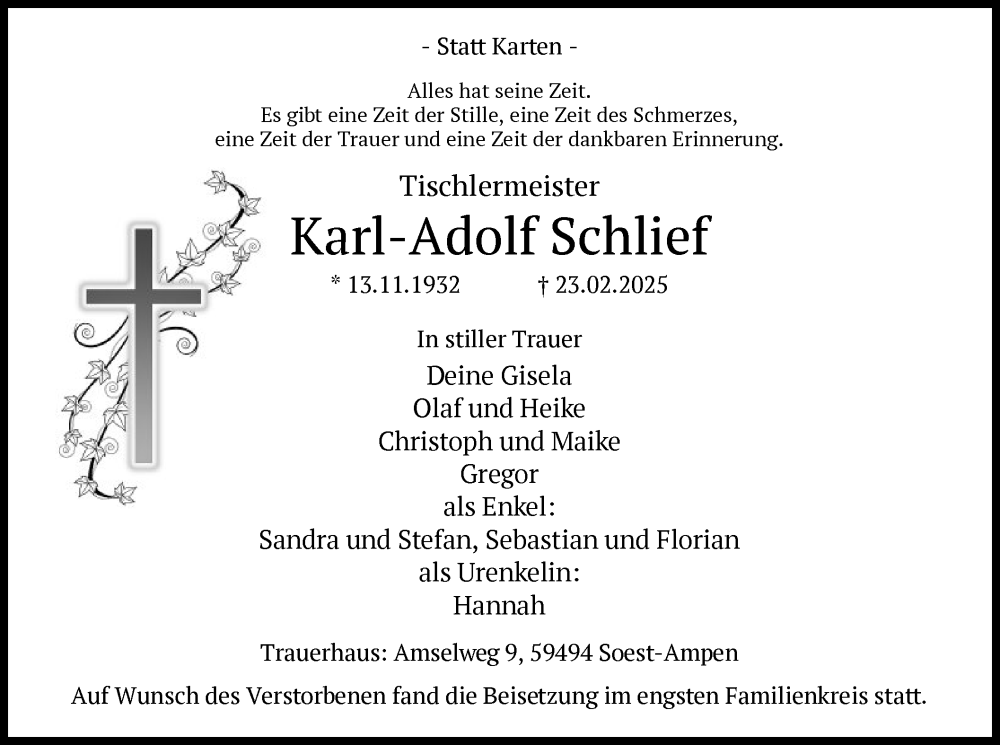  Traueranzeige für Karl-Adolf Schlief vom 06.03.2025 aus WA