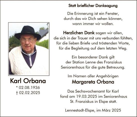 Traueranzeige von Karl Orbana von WA