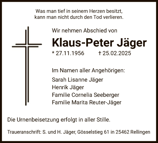 Traueranzeige von Klaus-Peter Jäger von WA