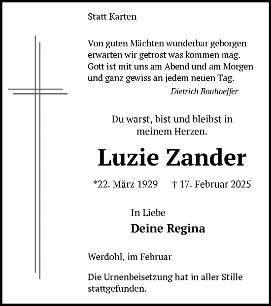 Traueranzeige von Luzie Zander von WA