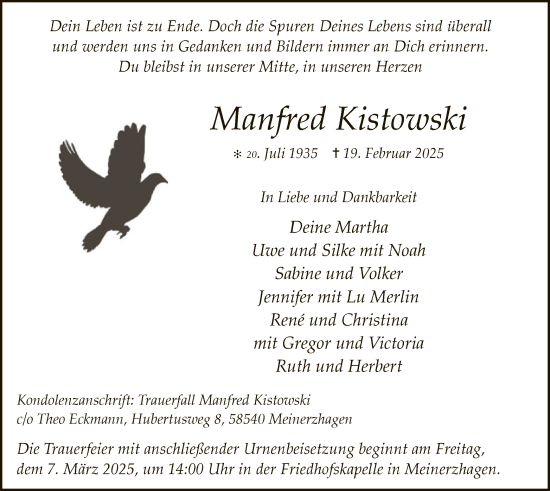 Traueranzeige von Manfred Kistowski von WA