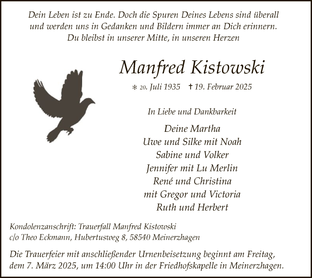  Traueranzeige für Manfred Kistowski vom 01.03.2025 aus WA
