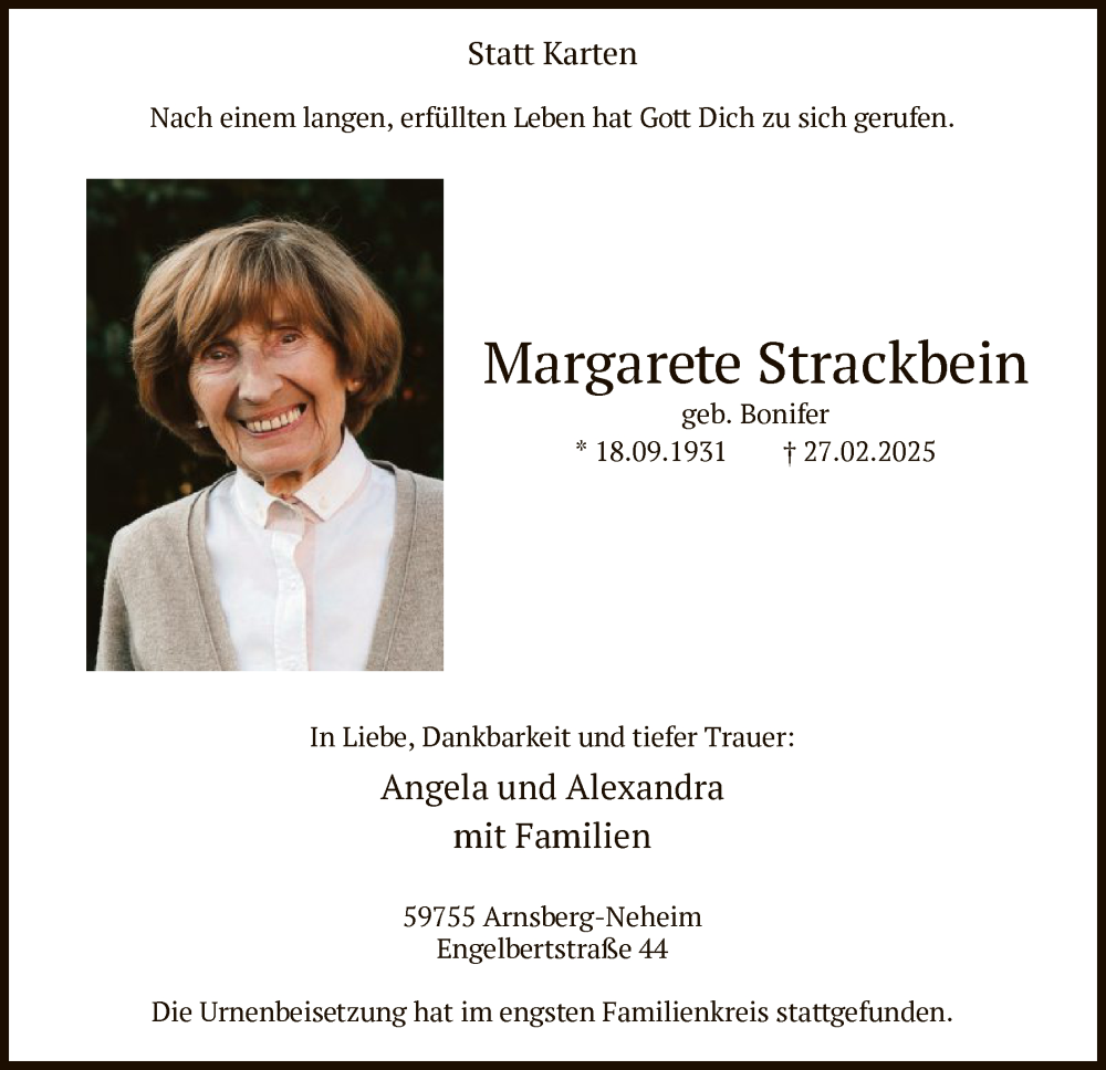  Traueranzeige für Margarete Strackbein vom 15.03.2025 aus WA
