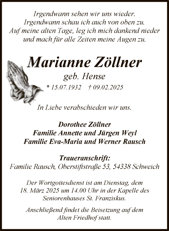Traueranzeige von Marianne Zöllner von WA