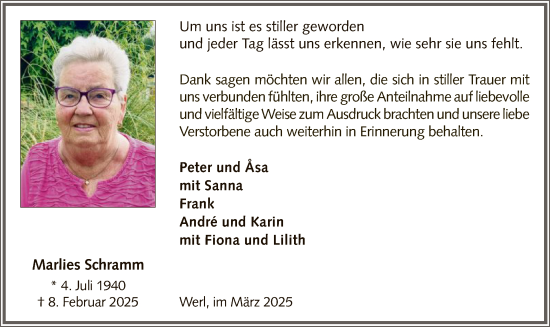 Traueranzeige von Marlies Schramm von WA