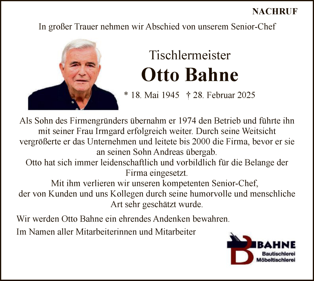  Traueranzeige für Otto Bahne vom 05.03.2025 aus WA