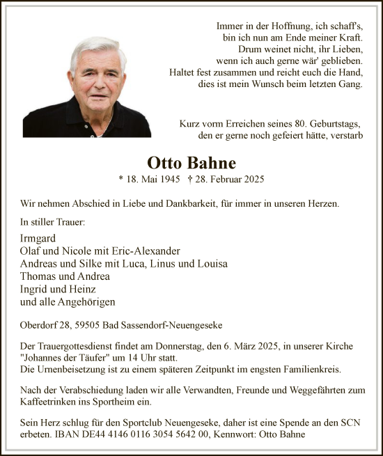 Traueranzeige von Otto Bahne von WA