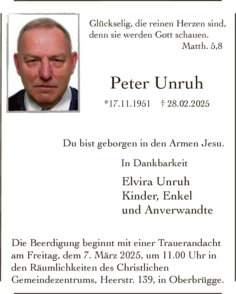  Traueranzeige für Peter Unruh vom 04.03.2025 aus WA