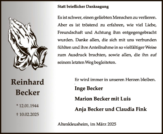 Traueranzeige von Reinhard Becker von WA