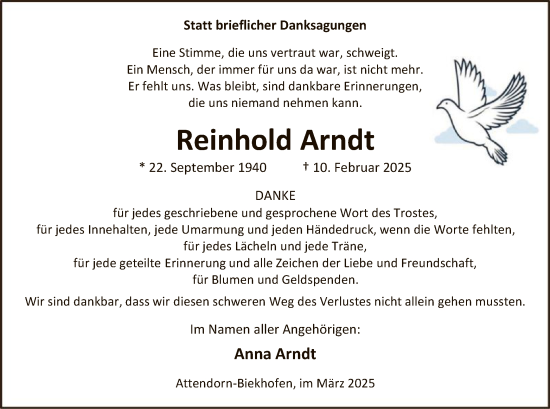Traueranzeige von Reinhold Arndt von WA