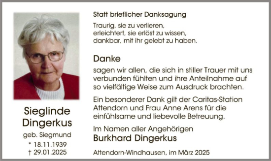 Traueranzeige von Sieglinde Dingerkus von WA