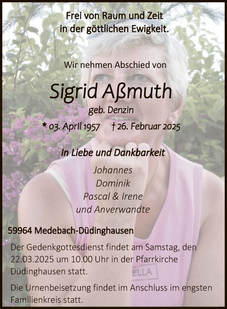  Traueranzeige für Sigrid Aßmuth vom 08.03.2025 aus WA