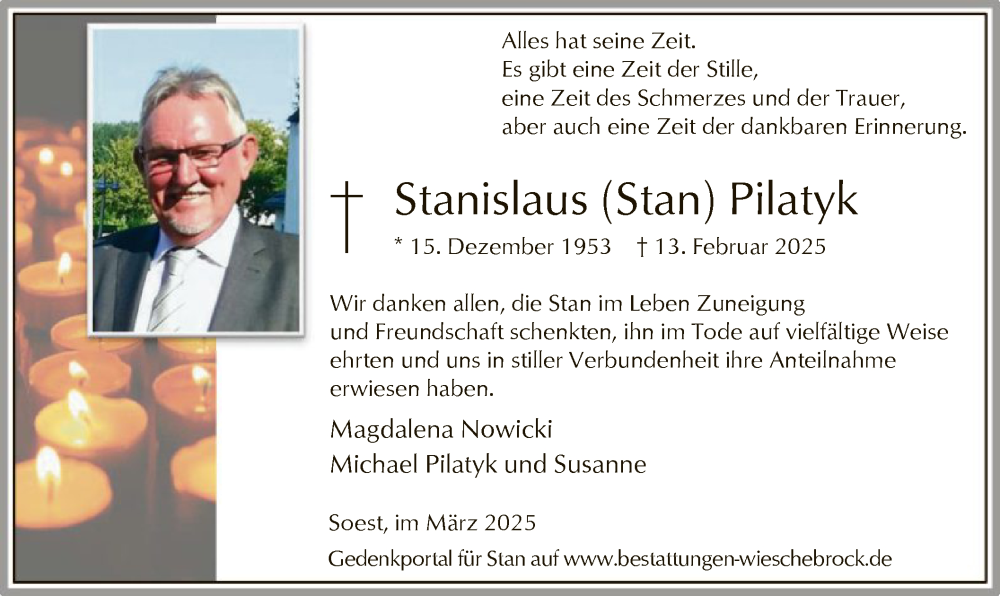  Traueranzeige für Stanislaus Pilatyk vom 15.03.2025 aus WA