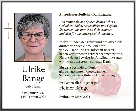 Traueranzeige von Ulrike Bange von WA