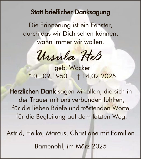 Traueranzeige von Ursula Heß von WA