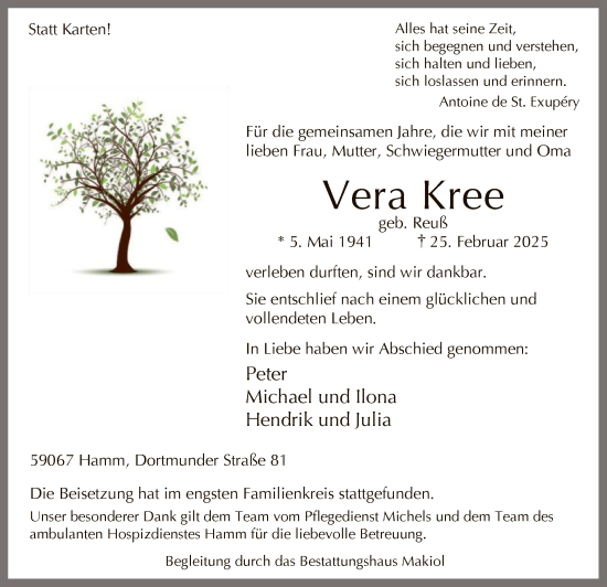 Traueranzeige von Vera Kree von WA