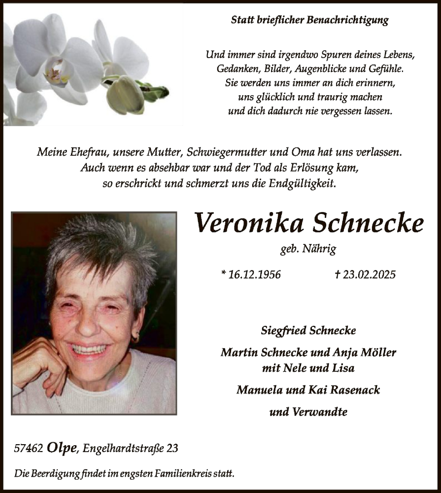  Traueranzeige für Veronika Schnecke vom 01.03.2025 aus WA