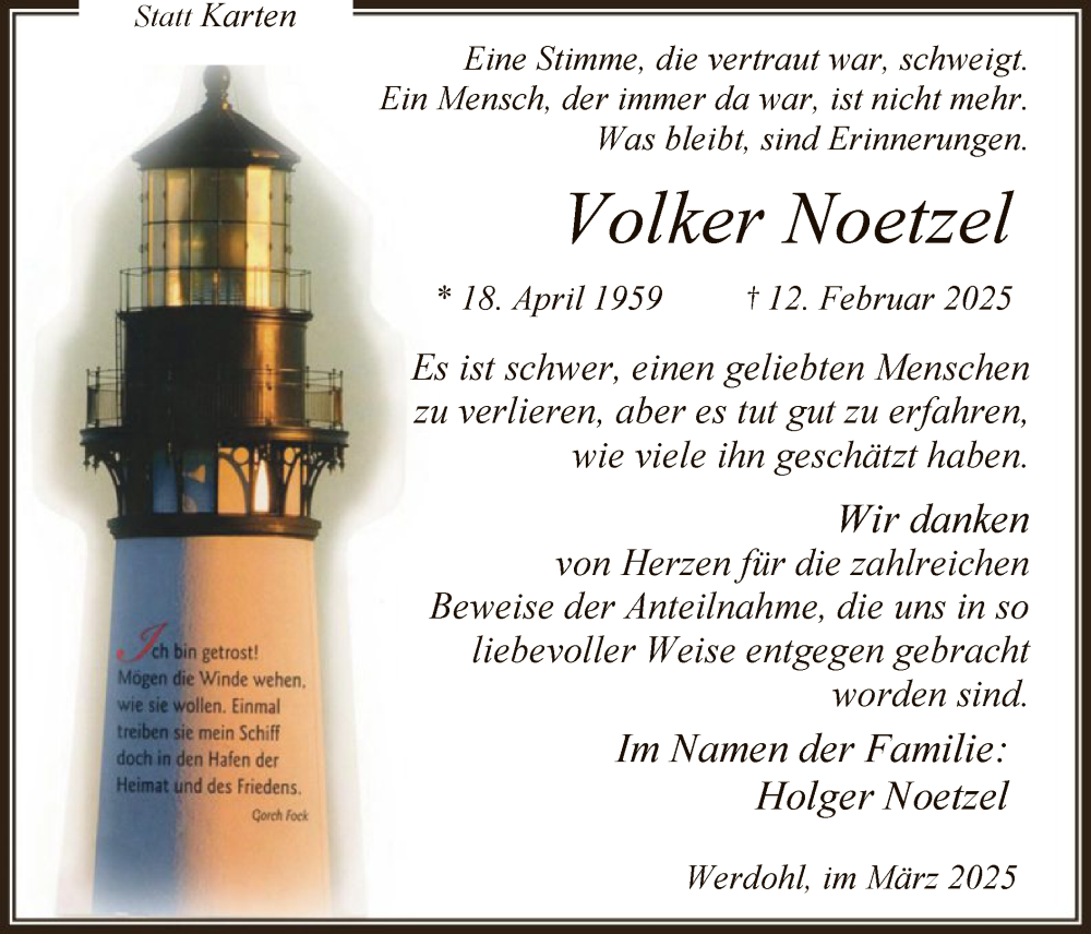  Traueranzeige für Volker Noetzel vom 19.03.2025 aus WA