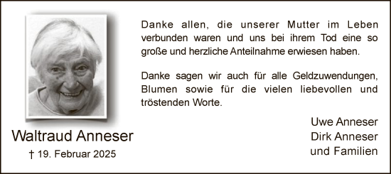 Traueranzeige von Waltraud Anneser von WA