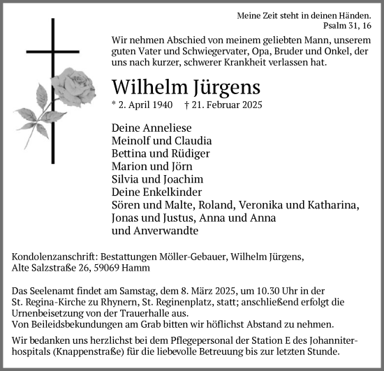 Traueranzeige von Wilhelm Jürgens von WA