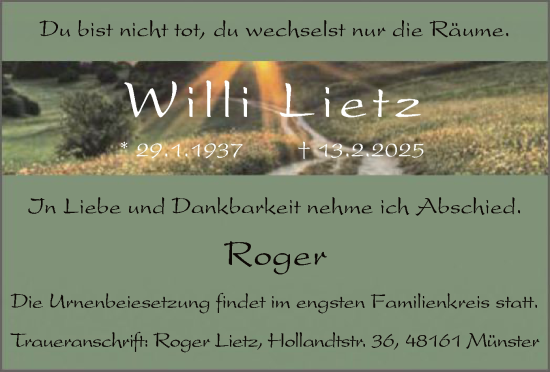 Traueranzeige von Willi Lietz von WA