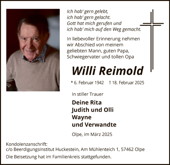 Traueranzeige von Willi Reimold von WA