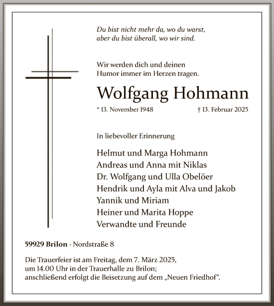 Traueranzeige von Wolfgang Hohmann von WA