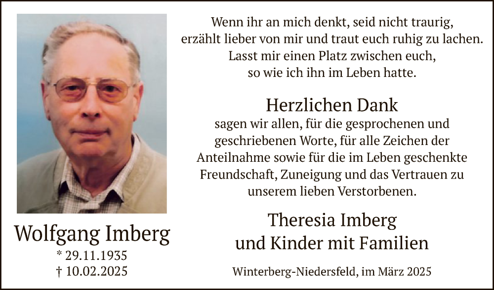  Traueranzeige für Wolfgang Imberg vom 22.03.2025 aus WA
