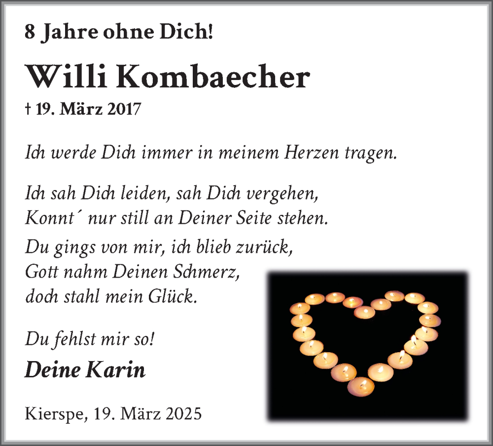  Traueranzeige für Willi Kombaecher vom 19.03.2025 aus MZV