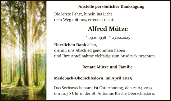 Traueranzeige von Alfred Mütze von WA