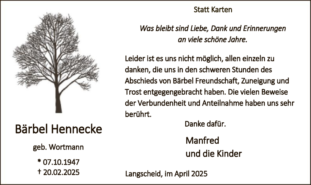  Traueranzeige für Bärbel Hennecke vom 12.04.2025 aus WA
