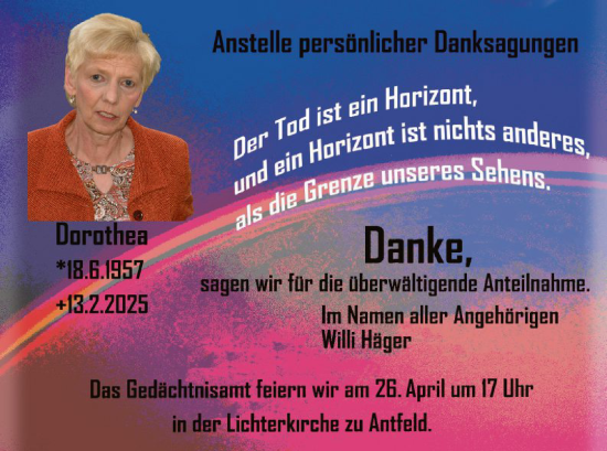 Traueranzeige von Dorothea Häger von WA