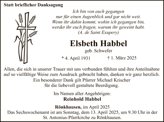 Traueranzeige von Elsbeth Habbel von WA